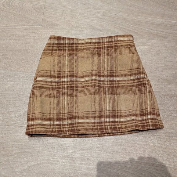 plaid mini skirt high-waisted A-line brown beige wool texture lined - Picture 1 of 3